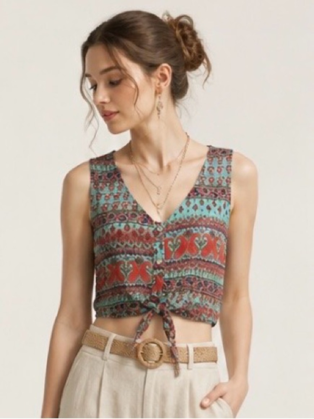 SHOW ME YOUR MUMU Cropped Blouse Tie Button Sleeveless Paisley Floral Vest Boho